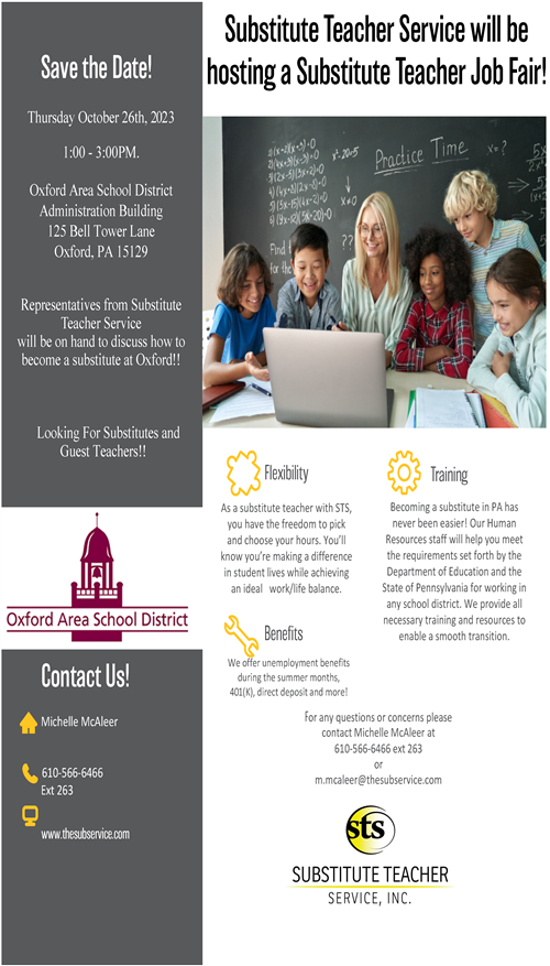 Substitute Teacher Service will be hosting a Substitute Teacher Job Fair Thursday October 26th from 1:00 - 3:00 PM